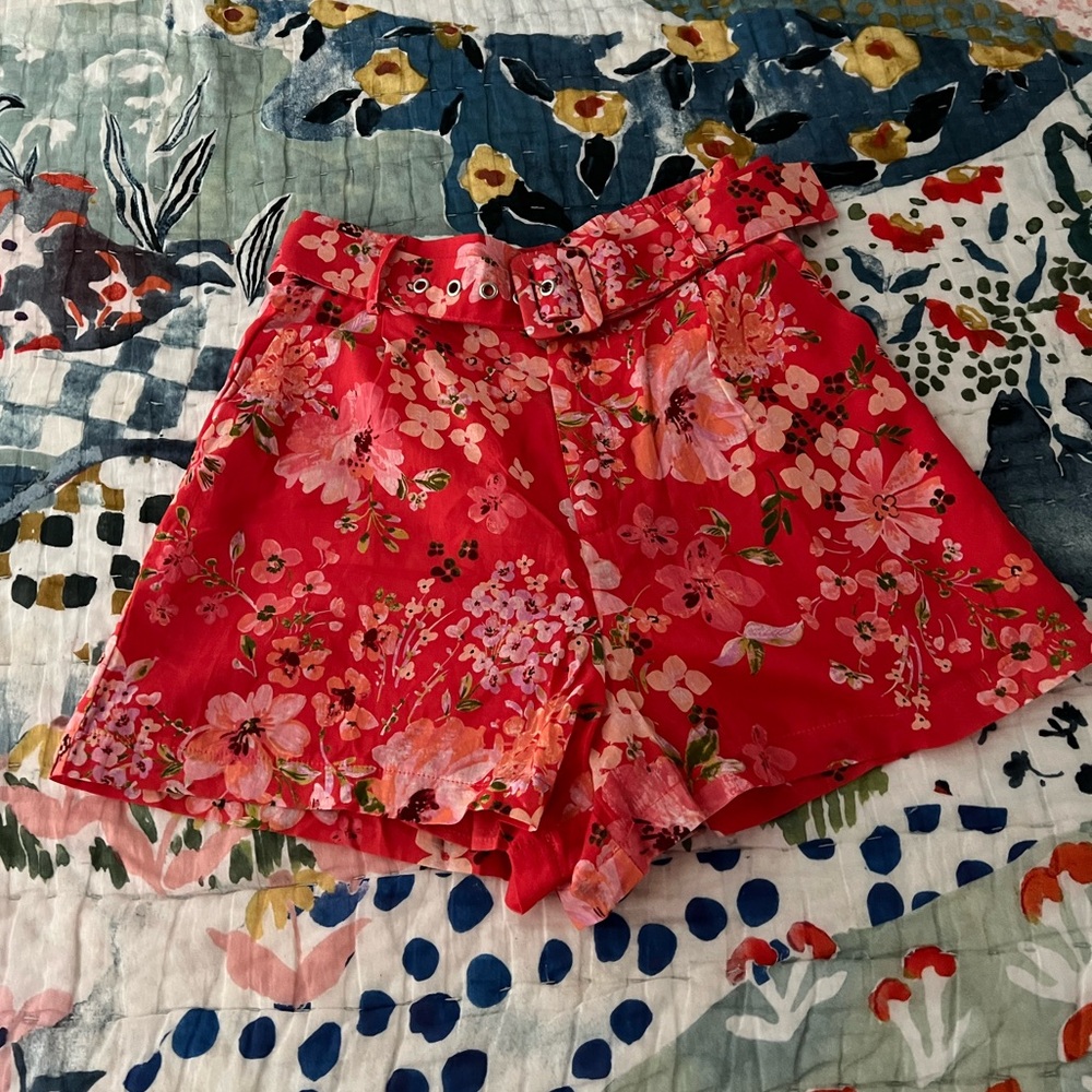 A Chance For Love Red Floral Print Belted Shorts